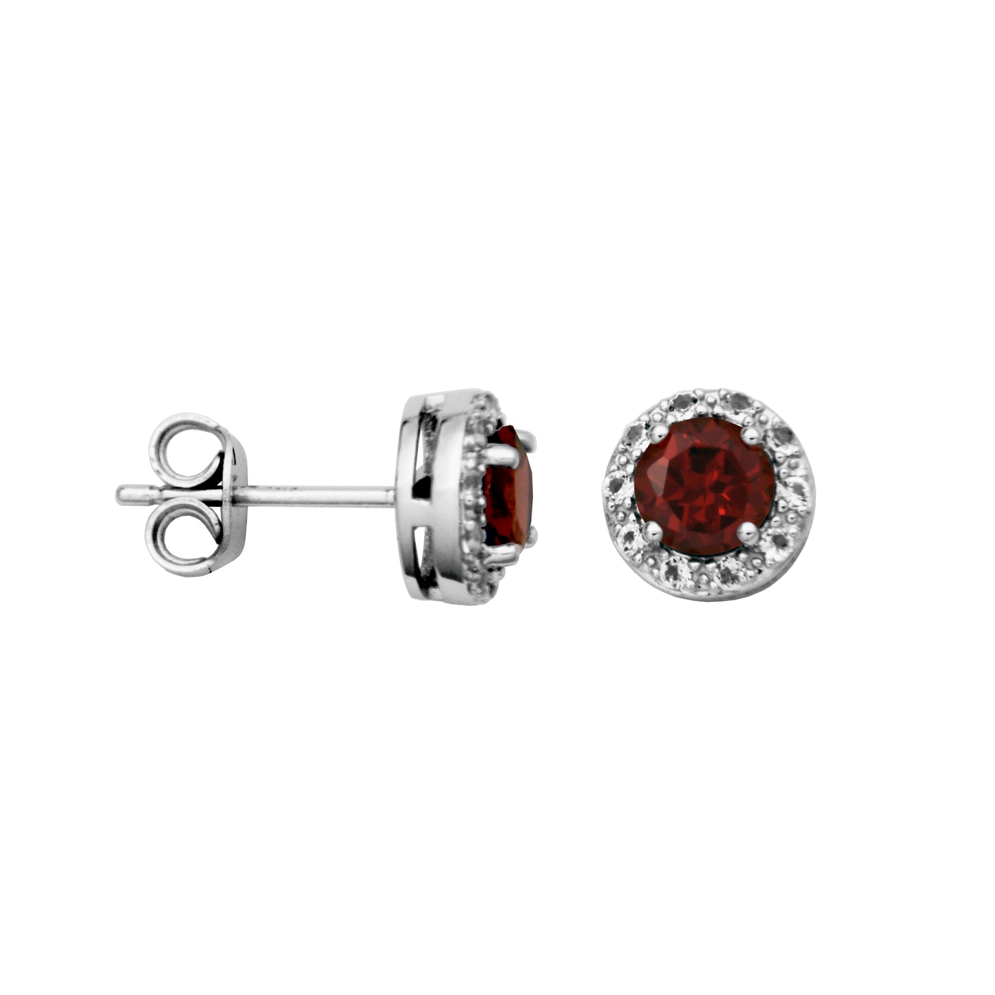 S/S GENUINE GARNET & WHITE TOPAZ HALO STUD EARRINGS