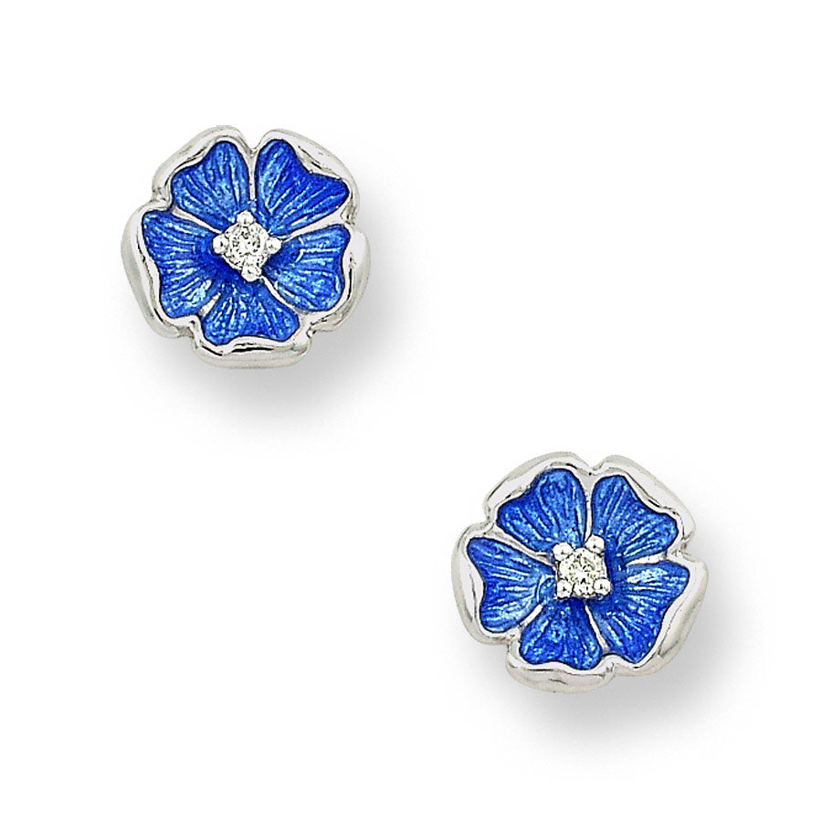 Blue Rose Post Earrings. Sterling Silver-White Sapphires