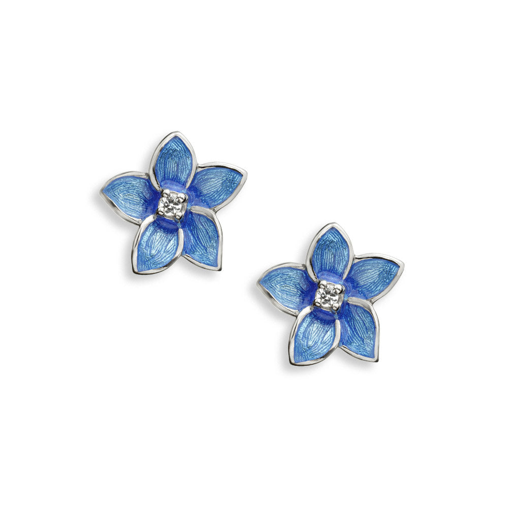 Blue Flower Post Earrings-White Sapphires. Sterling Silver