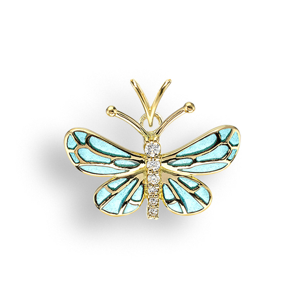 Turquoise Plique-a-Jour Butterfly Pendant. 18K -Diamond