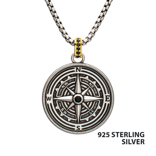 Sterling Silver Black Spinel Magellan Compass Pendant