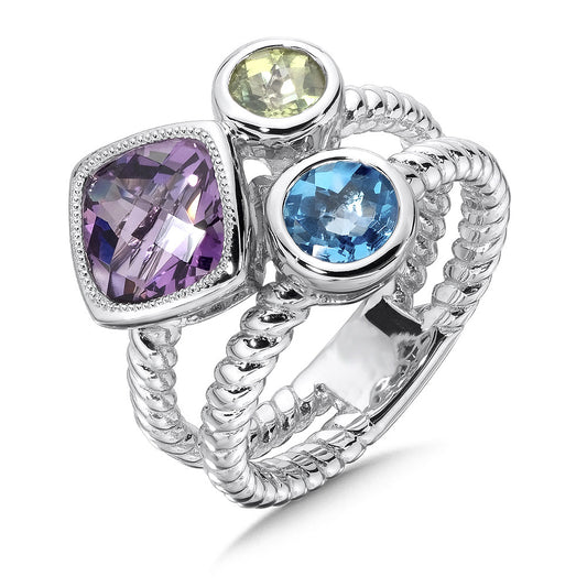 Amethyst, Peridot, and Blue Topaz Ring