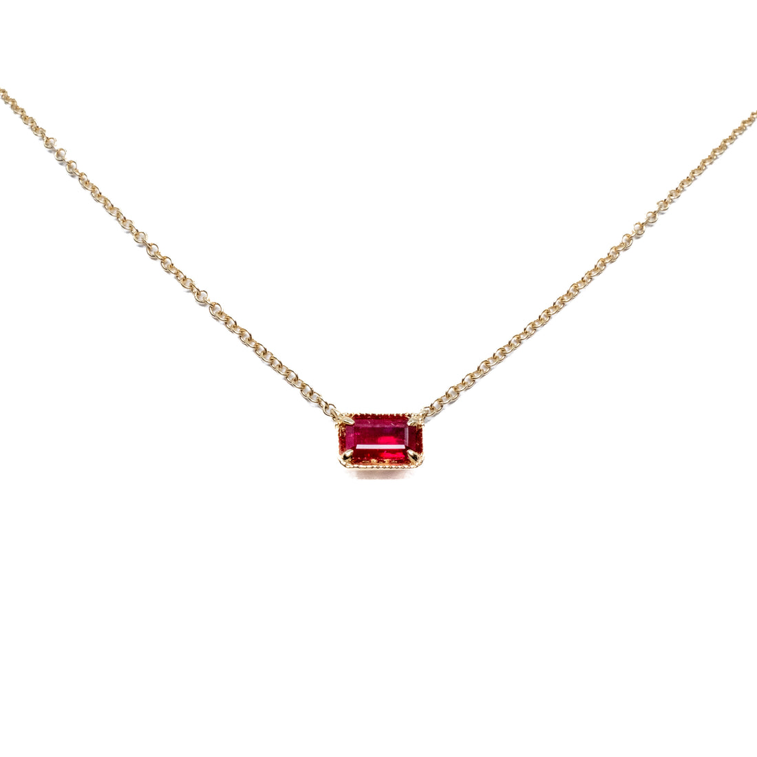 Emerald Cut Pendant Ruby in 14K, East-West Set