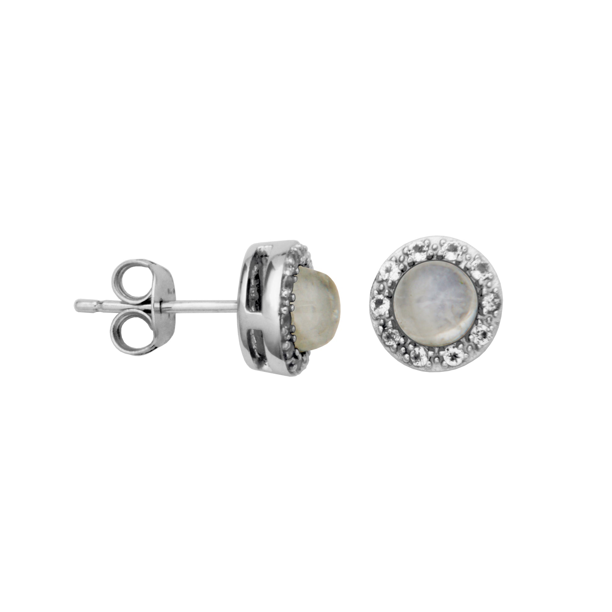 S/S GENUINE BLUE RAINBOW MOONSTONE & WHITE TOPAZ HALO STUD EARRINGS