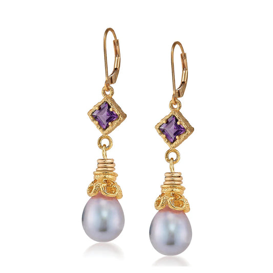 Amethyst with Gray Pearl Drop Earrings