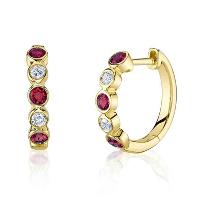 Diamond and Ruby Bezel Huggie Earrings