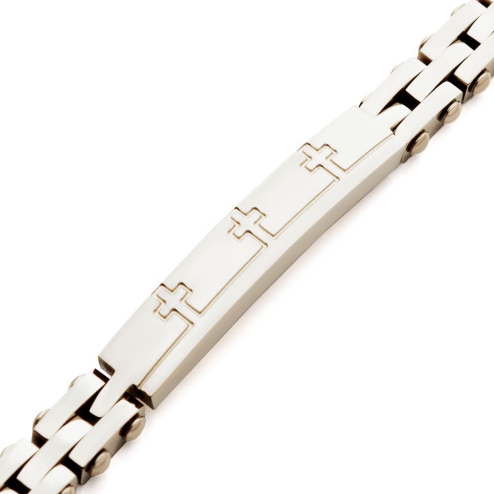 Trim Cut with Etched Cross Steel Bracelet
