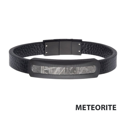 Carbon Fiber Meteorite Inlay Black Leather Bracelet