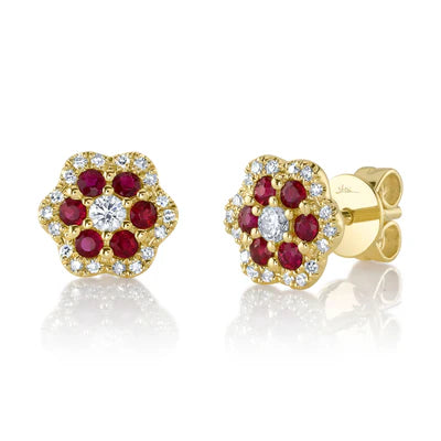 Diamond and Ruby Flower Stud Earrings