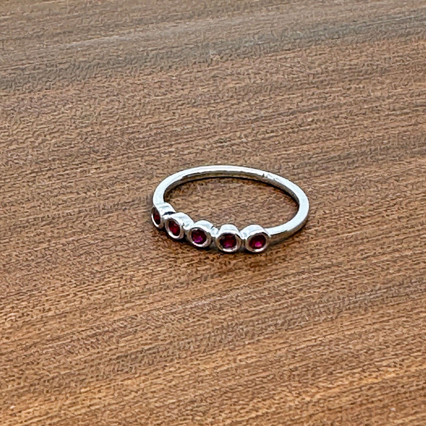 5-Gemstone Ruby Ring Bezel Set in White Gold