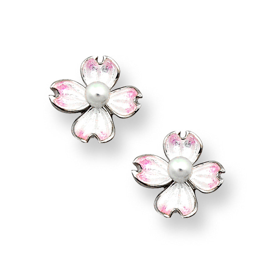 Small White Dogwood Post Earrings-Akoya Pearls. Sterling Silver