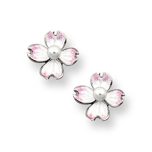 Small White Dogwood Post Earrings-Akoya Pearls. Sterling Silver