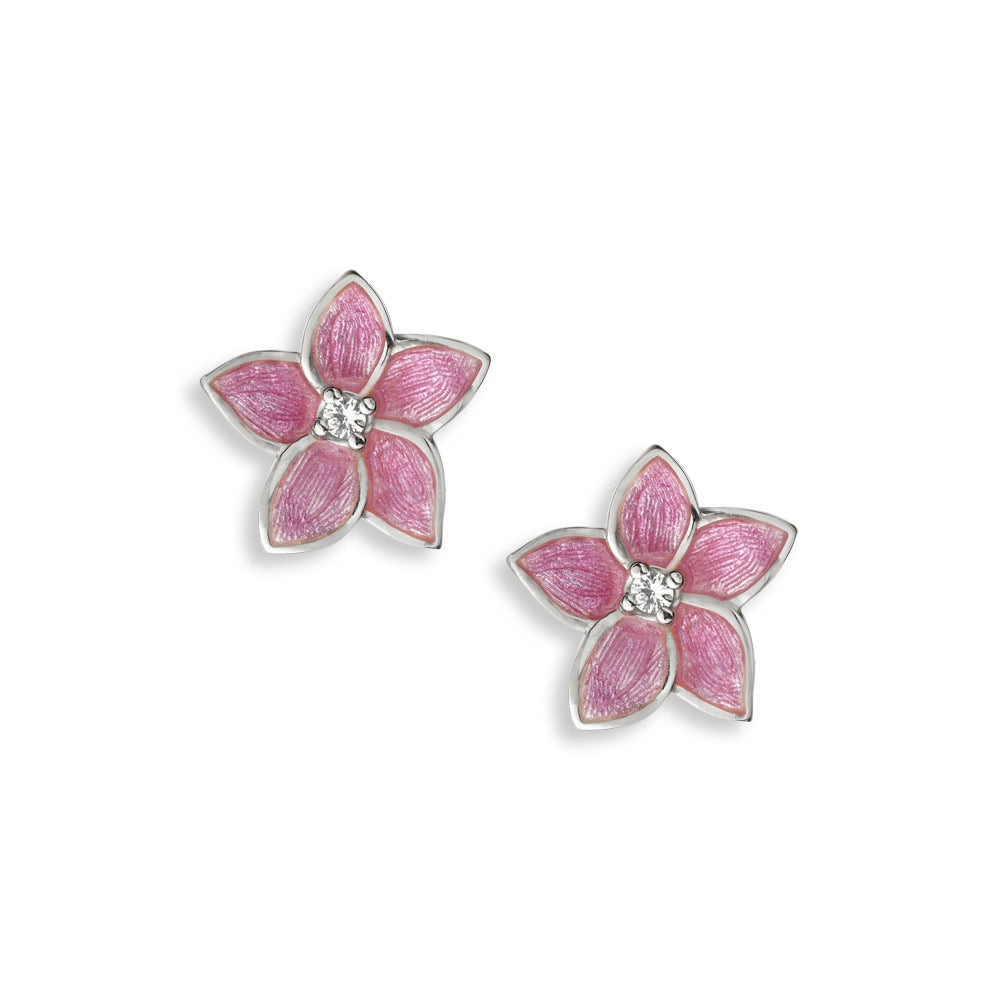Pink Flower Post Earrings-White Sapphires. Sterling Silver