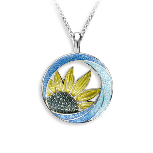 Yellow Sunflower Circle Necklace. Sterling Silver