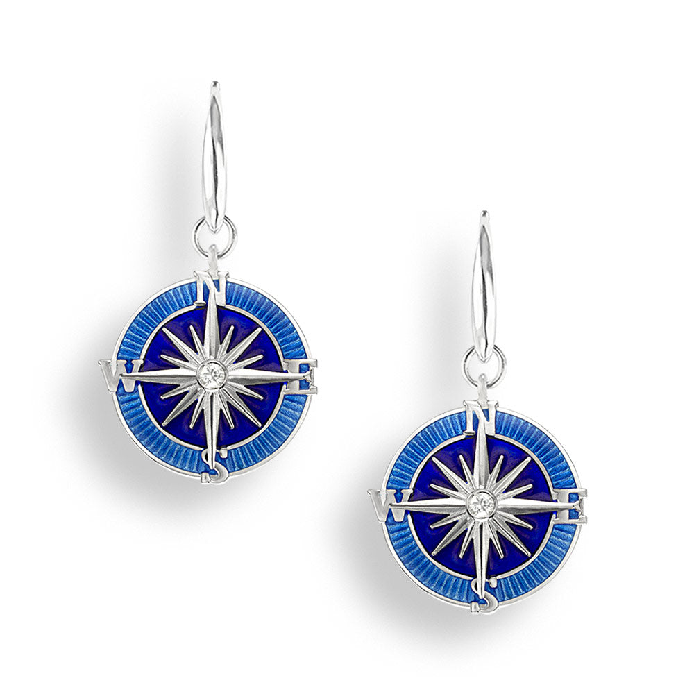Blue Compass Rose Wire Earrings. Sterling Silver-White Sapphires
