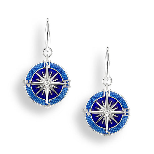 Blue Compass Rose Wire Earrings. Sterling Silver-White Sapphires