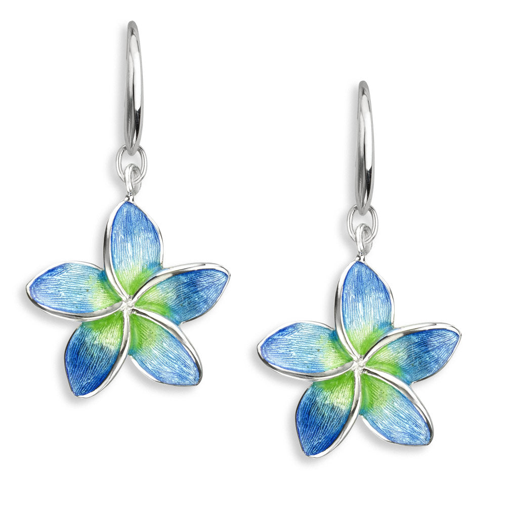Blue Plumeria Wire Earrings. Sterling Silver