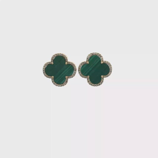 Malachite and Diamond Clover Stud Earrings
