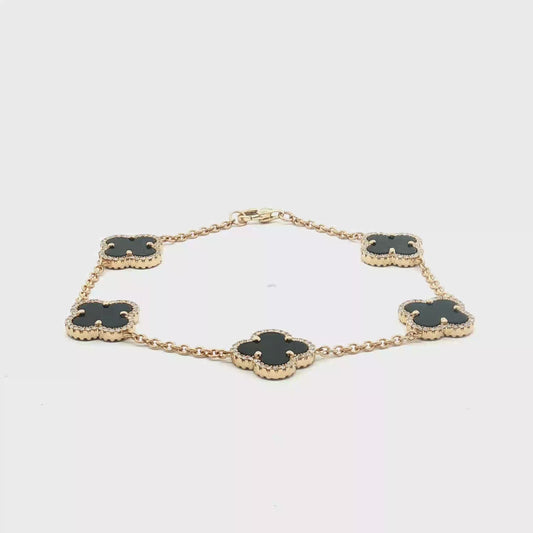 Yellow Gold Chain Bracelet with Diamond and Onyx Clovers