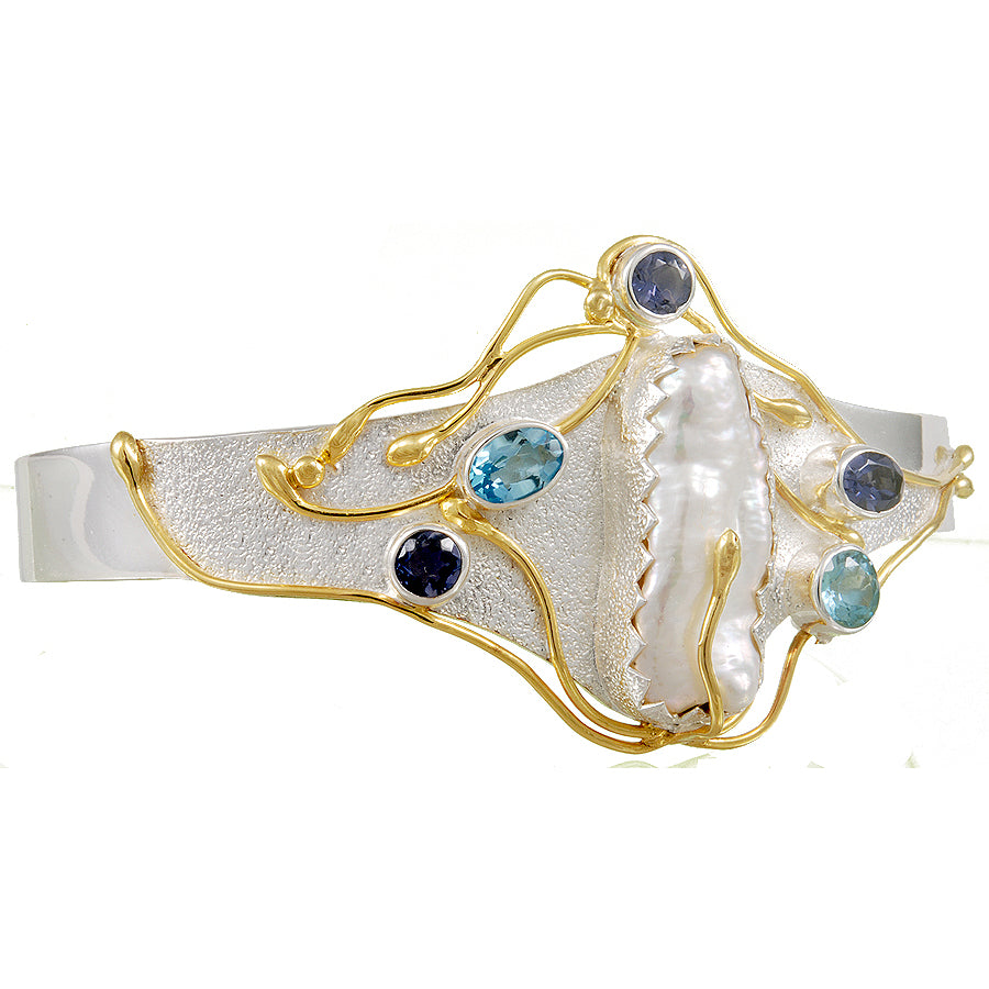 Sterling Silver and 22K Gold Vermeil Bracelet with White Freshwater Pearl, Baby Blue Topaz and Iolite
