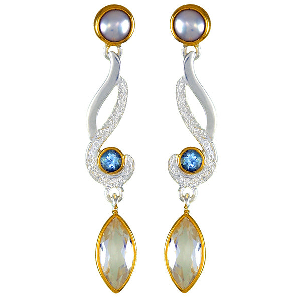 Sterling Silver and 22K Gold Vermeil Earring with White Freshwater Pearl, White Quartz and Sky Blue Topaz
