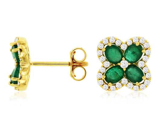 Emerald and Diamond Clover Gold Stud Earrings