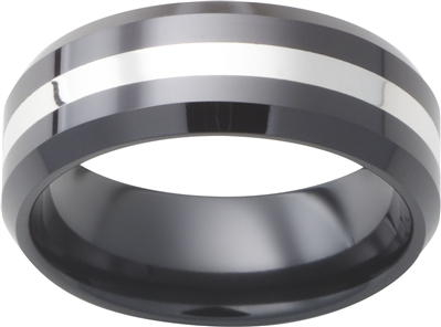 Ceramic 8mm Black With 2mm Sterling Silver Inlay Mens Wedding Band