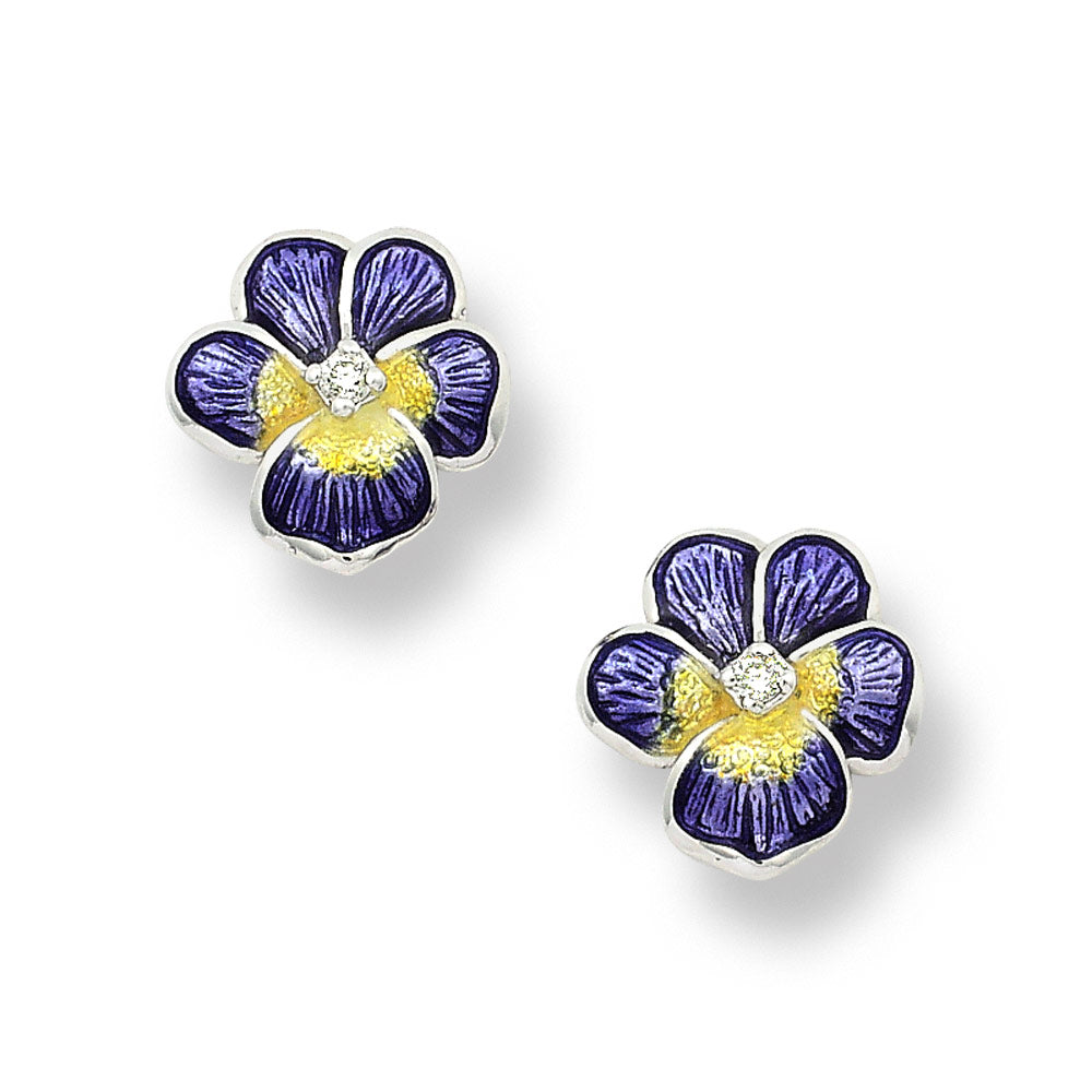 Purple Pansy Post Earrings. Sterling Silver-White Sapphires