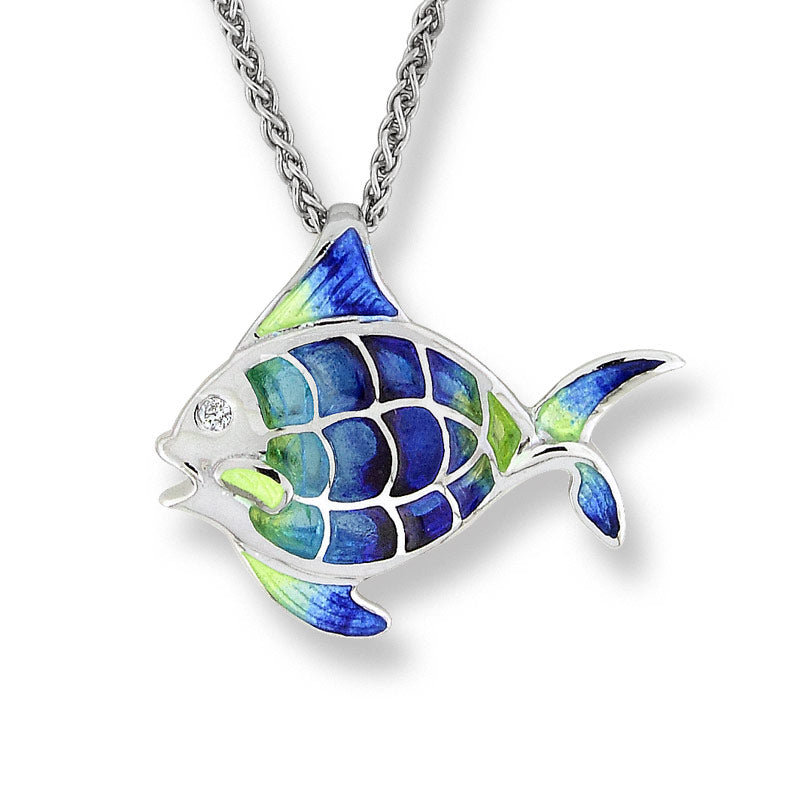 Blue Plique-a-Jour Angel Fish Necklace. Sterling Silver-White Sapphire