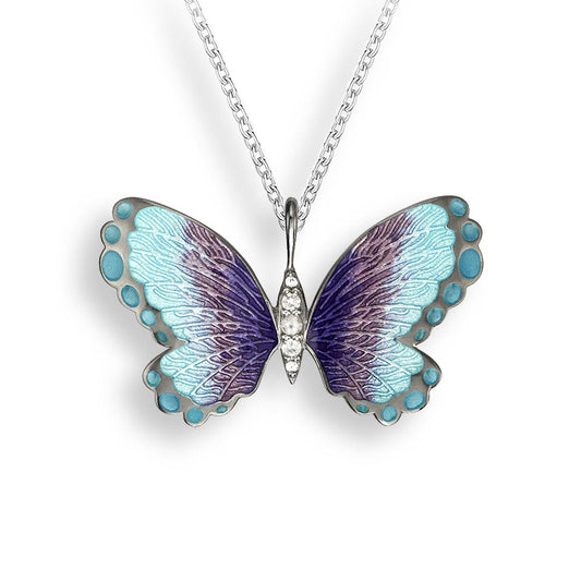 Blue Butterfly Necklace.Black Rhoidum Plated Sterling Silver-White Sapphire
