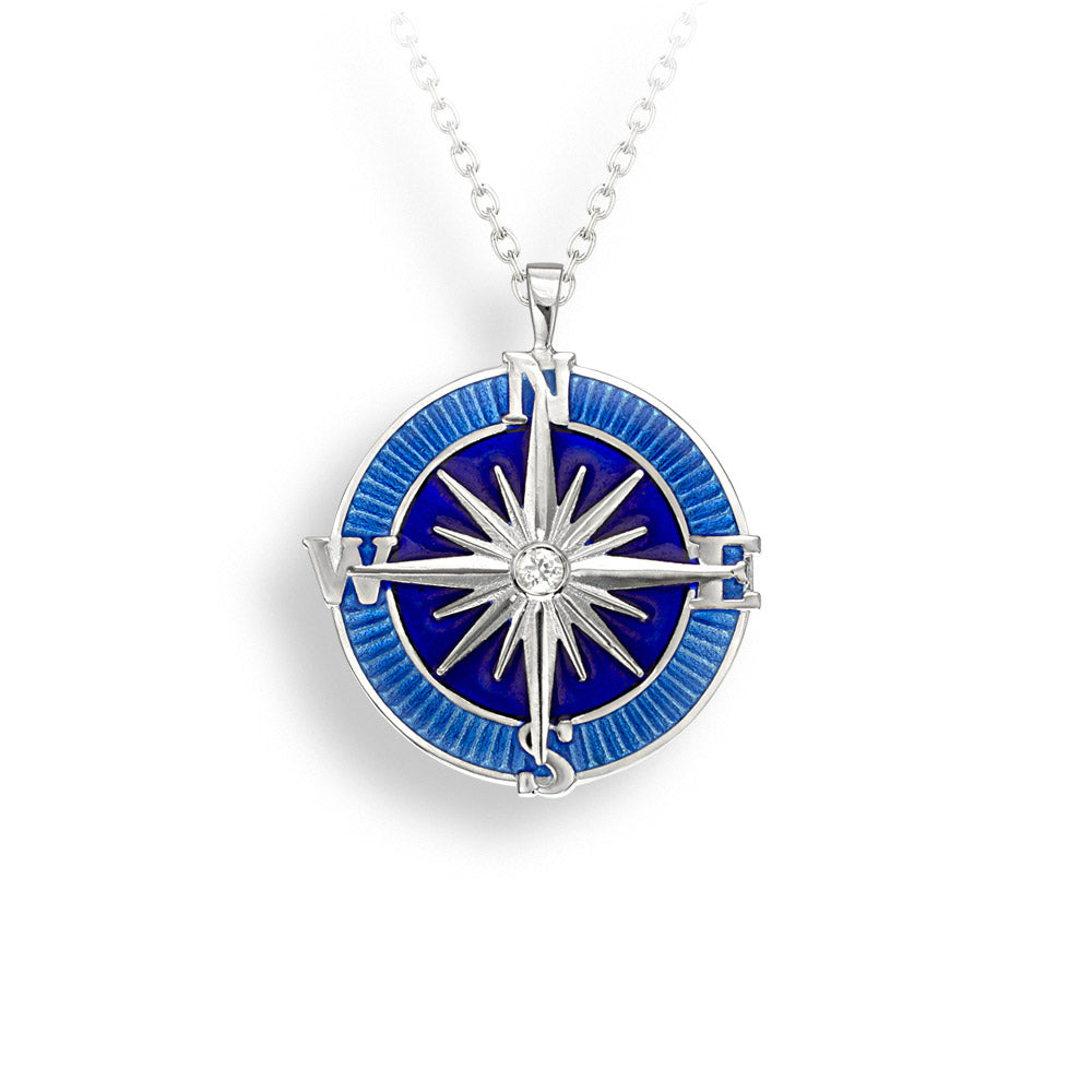 Blue Compass Rose Necklace. Sterling Silver-White Sapphire