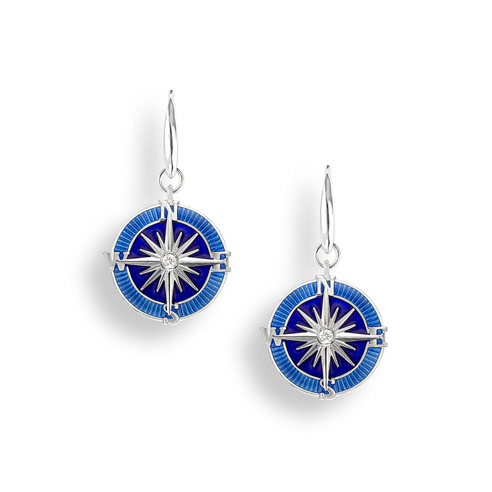 Blue Compass Rose Wire Earrings. Sterling Silver-White Sapphires