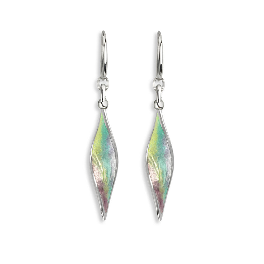 Green Color Aurora Elongated Marquise Twist Wire Earrings. Sterling Silver
