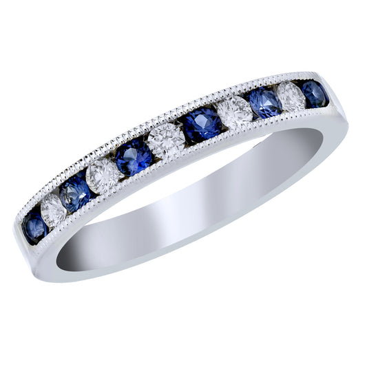 Spark Milgrain Channel Set Diamond and Sapphire Ring .21cttw/.30cttw